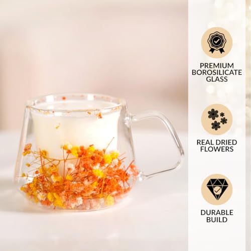 Image of Nestasia Double Wall Glass Mug with Dried Flowers Set of 2 (180ml Each) - Transparent Borosilicate Floral Glass Tea Cups | Lightweight & Durable Coffee Mugs - Perfect for Gifting (Yellow & Orange)