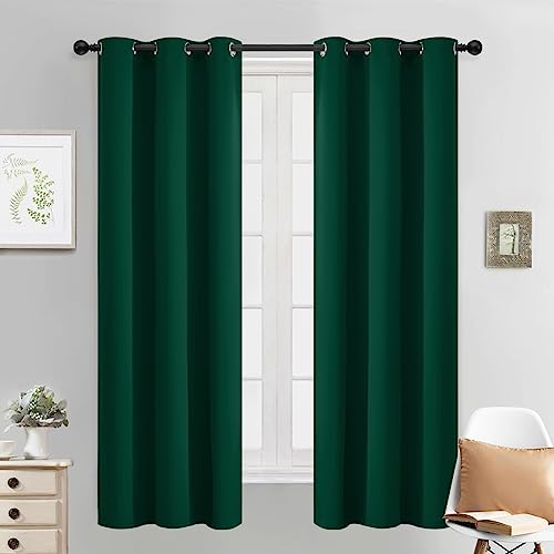 Yakamok Dark Green Blackout Curtains for Bedroom, Room Darkening Thermal Insulated Grommet Window Curtains, Light Blocking Blackout Drapes for Living Room,38Wx63L inch,2 Panels