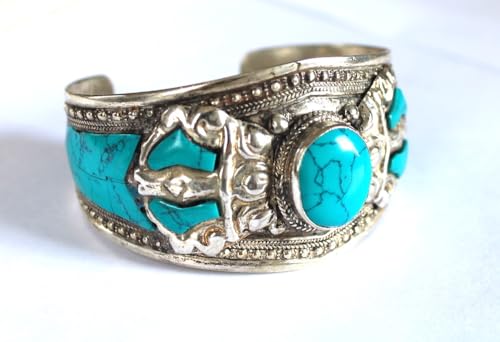 Mosaic Blue Stabilized Turquoise & Argentium Plated Stainless Steel Cuff Bracelet - Slightly Adjustable3