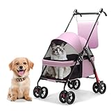 GHDOVP ペットカート 小型犬 中型犬 猫 キャリーカート 4輪カート 軽量 前輪360°回転 後輪ブレーキ付き 飛び出し防止 組み立て簡単 折りたたみ ペットバギー 老犬介護用 多頭用 収納バッグ付き 通気 コンパクト お出かけ 散歩 キャンプ 犬用ベビーカー 外出便利 耐荷重35KG(ピンク)