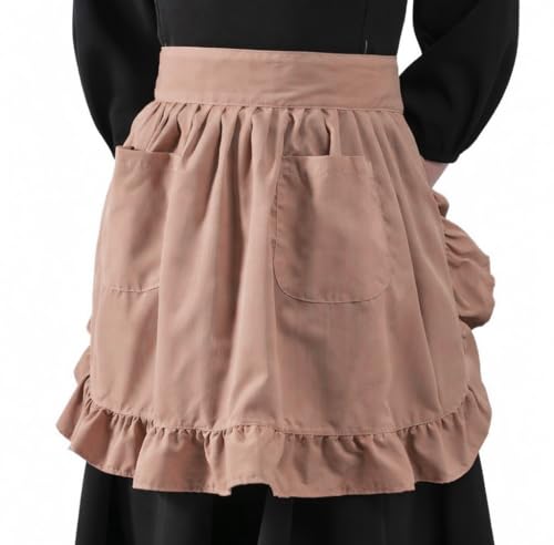 LilMents Waist Apron with Pockets Retro Kitchen Cleaning Ruffles Half Apron (Cappuccino)