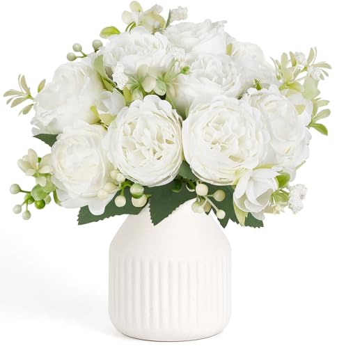 Mkono Fake Flowers in Vase 9 inches Artificial Flower Centerpieces Coffee Table Decorations Silk Flowers Arrangements for Home Desk Shelf Dining Room Kitchen Wedding Decor