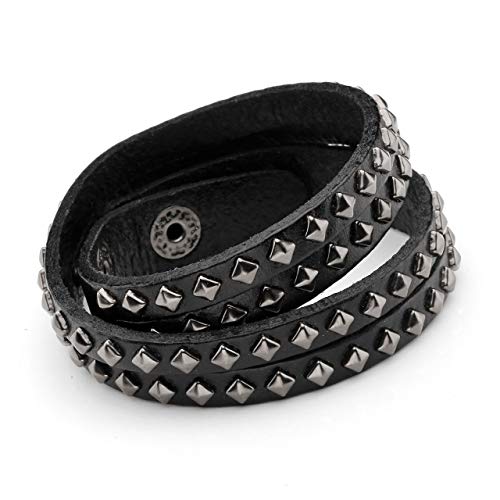 Zysta Men Women Double Row Studded Genuine Leather Punk Rock Gothic Biker 15Mm Wide Cuff Bracelet 14.5-15.5 Inches Adjustable Bangle Wristband Wrap #TOP1