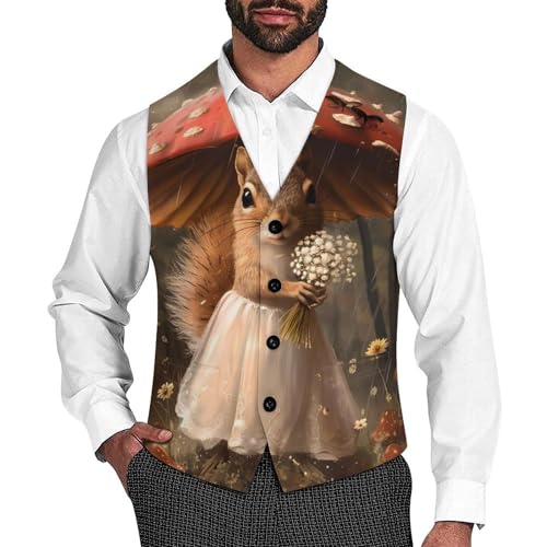 Lady Squirrel With Umbrella Men's Suit Vest Waistcoat Vests Formal Dress with 2 Pockets for Business Casual Tuxedo