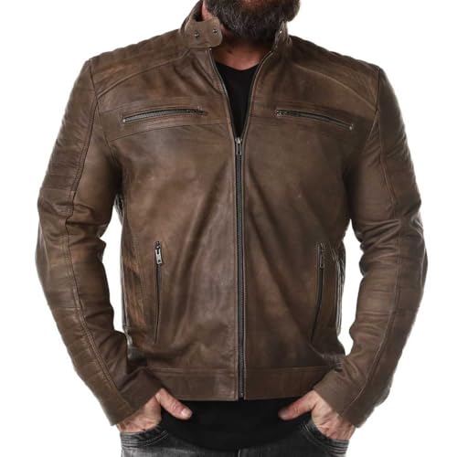 RockDenim RD Rivian Herren Lederjacke – Bikerjacke aus echtem Rindsleder – Braun – Retro Stil – Übergangsjacke mit Reißverschlusstaschen (DE/NL/SE/PL, Alphanumerisch, M, Regular, Regular)