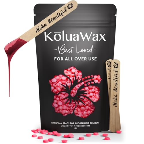 KoluaWax Hard Wax Beads for Hair Removal – Coarse Hair Formula – Face, Brazilian, Underarm, Back Chest, Bikini Waxing – Dragon Fruit & Hibiscus, 1lb Refill for Wax Warmers & 10 Applicator Sticks