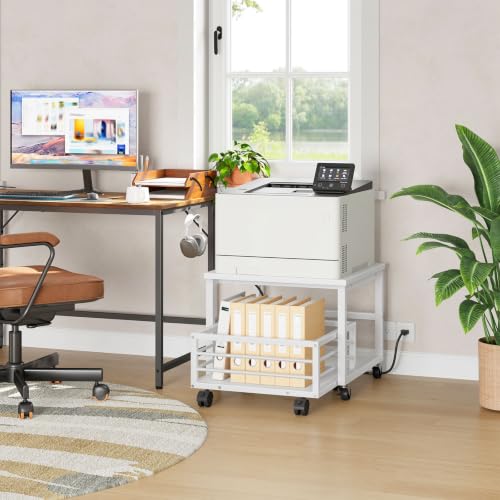 Image of HOOBRO Mini Fridge Stand with Movable Storage Basket, Wheels and Adjustable Feet, Sturdy Metal Frame, for Home, Apartment, Office, White