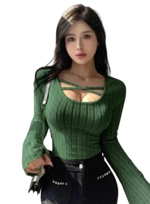 Image of Women Slim Fit Long Flare Sleeve Ribbed Knit Criss Cross Cut Out Casual Fashion Top Trendy Daily Outfit for Girls and Women