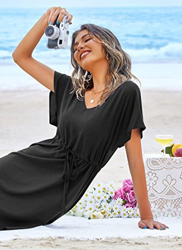 Ekouaer Womens Swimsuit Coverup Short Sleeve Beach Cover Up Dress V Neck Bikini Beachwear3