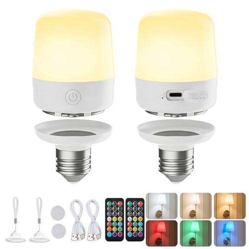 Minetom E26 Rechargeable Light Bulbs with Remote and Timer, Battery Backup Bulb with 12 Colors and Brightness Dimmable, 2300mAh 40W Equivalent LED Light Bulbs for Lamps Sconces Camping, 2 Pack