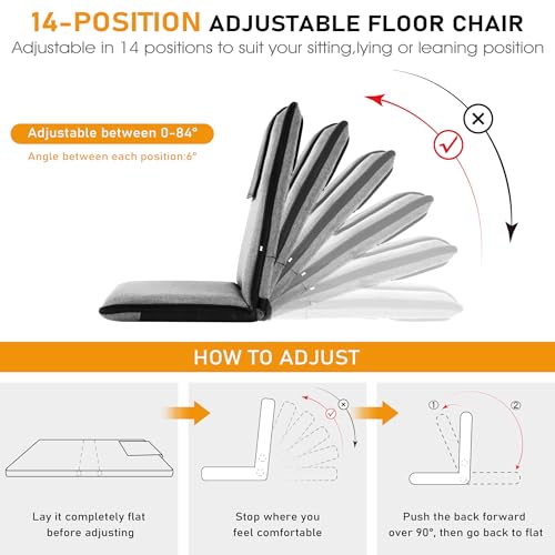 Image of FASTMOMENT Floor Chair with Water Repellent Fabric 14-Position Adjustable Floor Chair with Back Support Portable Floor Seat for Adults Foldable Meditation Seat with Washable Cover (Dark Grey)