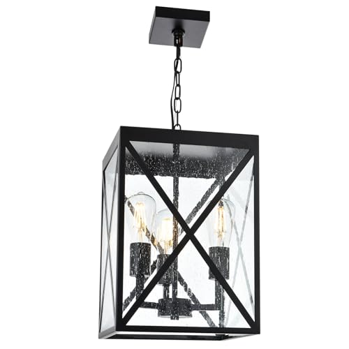 TODOLUZ Large Outdoor Pendant Light, Black Exterior Ceiling Porch Light with Seeded Glass Panel, Outdoor Chandelier Hanging Lantern for Garage Entryway Patio Front Door