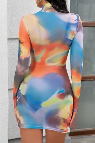 Sexy Long Sleeve Midi Dress for Women Sheer Mesh Printed Crew Neck Bodycon Party Clubwear See Through Dresses
