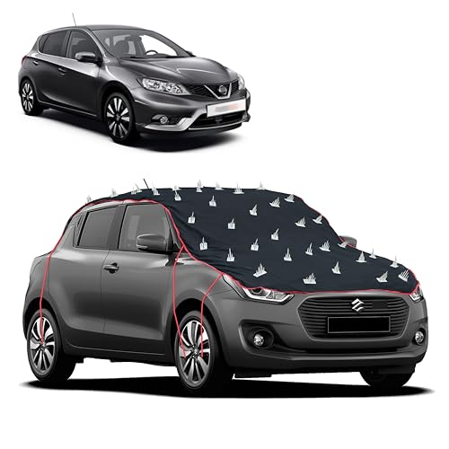 Image of Dog Protection Spike Car Cover for Nissan Pulsar Bonnet to Roof Easy Installation with 4 Elastic Hook Strap | Anti-Scratch Soft Cotton Inner | Complete Protection from Street Dogs & Monkeys