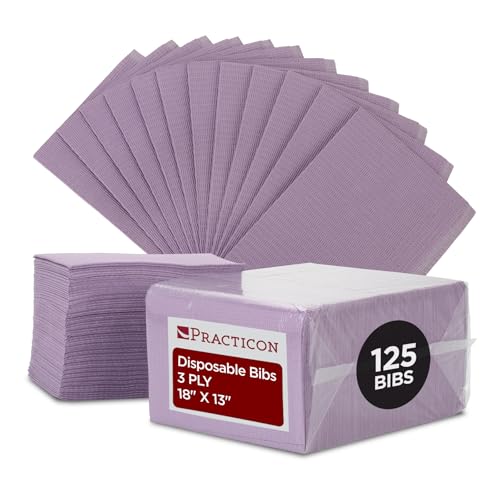 Practicon 125 Pack Lavender Disposable Patient Bibs, 18" x 13", 3 Ply Waterproof Paper Bib Sheet with Poly Back, Dental, Medical, Tattoo, Nail Tray or Table Cover, 125 Pack