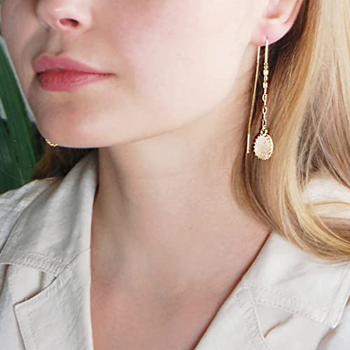 Humble Chic Simulated Druzy Chain Bar Threaders - Long Sparkly Needle Drop Earrings For Women, Gold - White Created Opal, Simulated Clear Rock Quartz, Opalite, Sparkly Opalescent #TOP6