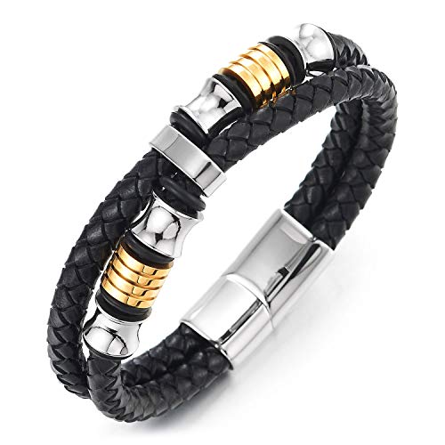 COOLSTEELANDBEYOND Mens Double-Row Black Braided Leather Bracelet Bangle Wristband, Silver Gold Color Steel Ornaments