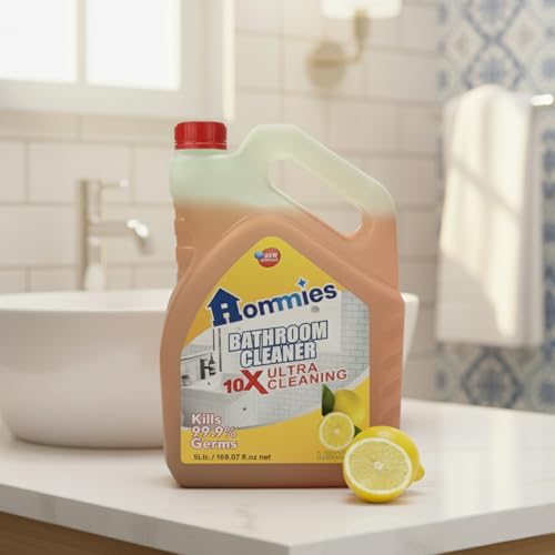 Image of Hommies Disinfectant Bathroom Cleaner Liquid - 5 Litre (Lemon) | Kills 99.9% Germs | Industrial Strength Floor & Tile Cleaner | Tough Stain Remover for Sinks, Slabs & Taps | Economy Refill Pack