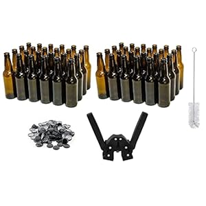 North Mountain Supply Beer Bottling Bundle with – 48 Bottles (2 Cases of 24) 12 Ounce Amber Beer Bottles – 150 Crown Caps – Twin Lever Hand Capper – Bottle Cleaning Brush
