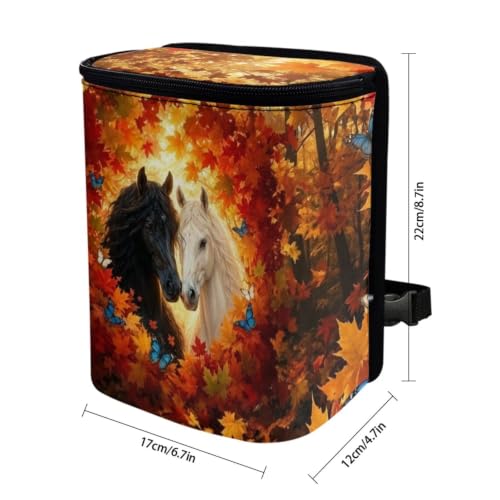 Image of Talayituse Horse Maple Butterfly Print Car Trash Can Portable Auto Garbage Bin Multifunctional Vehicle Interior Accessories with Adjustable Straps Universal Fit Truck SUV Sedan Autumn Decor