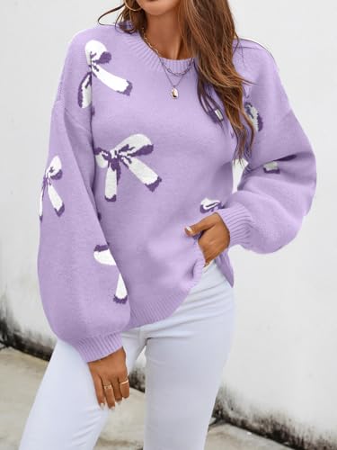 Image of Libsorge Womens Oversized Cute Bows Crewneck Cozy Pullover Sweater | Fall Winter Trendy Long Shoulder Balloon Sleeve Knit Baggy Printed Dressy Casual Valentines Day Vintage Sweaters