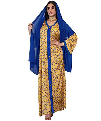 MedeShe Women Ethnic Ribbon Maxi Dress Moroccan Kaftan Muslim Long Sleeve Abaya Arabic Jalabiat (L, Yellow Satin Abaya)