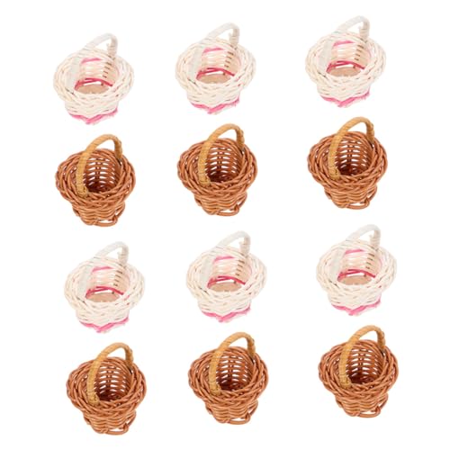 Veemoon Cesta Tejida Miniatura de Plástico y Bambú Set 24 Piezas 12 Café 12 Modelo de Cesta de Flores Pequeña para Decoración de Hogar Fiesta y Escritorio