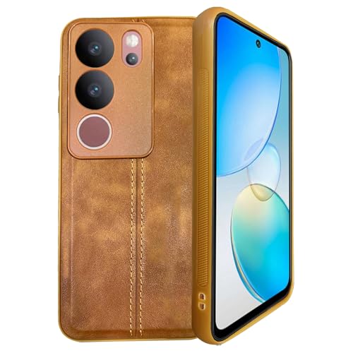 Image of A rtistque Premium Thread Leather Back Cover Case for Vivo V29 Pro | Drop Protection | Smooth Grip | Raised Camera Edges - Brown