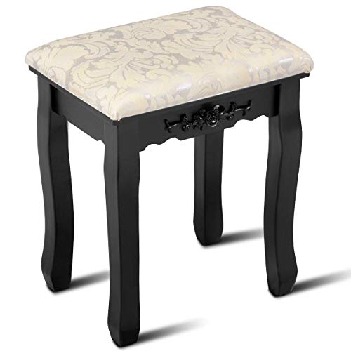 Casart Vanity Stool Makeup Bench Dressing Stools Retro Wave Foot Floor Pad for Scratch Solid Pine Wood Legs Thick Padded Cushioned Chair Piano Seat Bathroom Bedroom Large Vanity Benches (Black)
