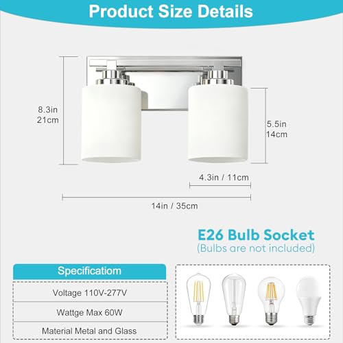 Image of Modern Bathroom Lighting Fixtures Over Mirror, Vanity Lights for Bathroom, Wall Sconces with Milky White Glass Shades, E26 Ceramic Socket, 2-Light 14-inch Chrome