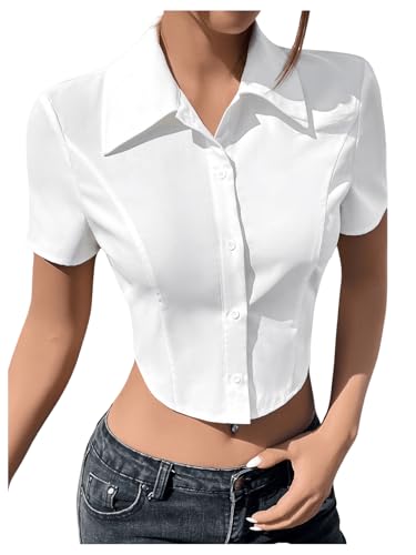 SHENHE Women's Button Up Short Sleeve Collared Asymmetrical Cropped Shirt Top Blouse3