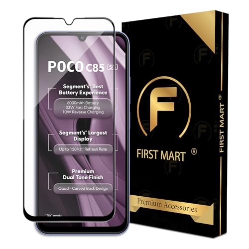 Image of FIRST MART Military-Grade Gorilla Tempered Glass For Poco C85 (6.83 Inch) With Edge To Edge Screen Coverage and Easy Installation Kit| Black