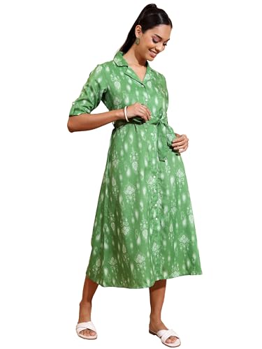 Vishudh Women Short Sleeve Collared Neck Dress VNa1002303 Green XL