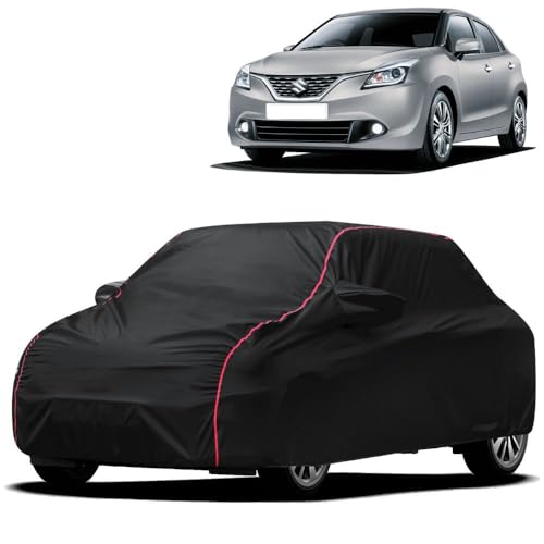 Image of Waterproof Car Cover for Maruti Suzuki Baleno | All-Weather Protection, Dustproof & UV Resistant | Triple Stitched Mirror Pockets, Windproof Buckle Strap with Elastic Hem, Black-Red Piping