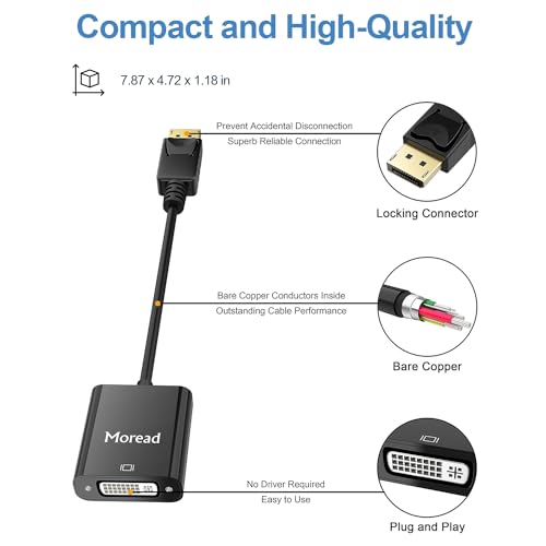 Image of Moread DisplayPort to DVI Adapter, Gold-Plated Display Port to DVI-D Adapter (Male to Female) Compatible with Computer, Desktop, Laptop, PC, Monitor, Projector, HDTV - Black