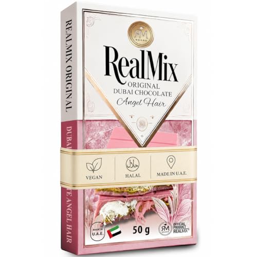 REALMIX Rosa Schokolade direkt aus Dubai - Exotische Premium Schokoladentafel mit Himbeeraroma gefüllt mit Zuckerwatte und Pistazien - Authentischer Dubai Schokolade (50g Rosa Schokolade)