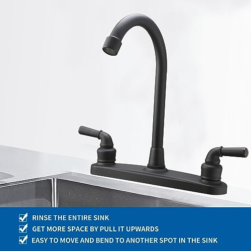 Image of RV Non-Metallic Kitchen Black Faucet Two Handle-8 inch Main Body-High Arch-360 Swivel Replace for Motorhomes, Travel Trailers,Campers