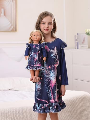 Bow Dream Toddler Girls Casual Dress Cute Cat with Matching American Girl Doll Clothes for Girls Navy2