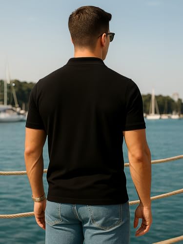 Image of Veirdo Men's Cotton Pique Polo | Premium Zip Neck Casual T-Shirt | Half Sleeve | Black Beauty, Serenity, Wheat, Zephyre