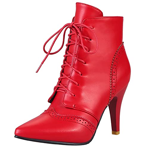 MJIASIAWA Damen Pointed Toe Klassischer Stiletto Schnüren Stiefeletten Brogue Winter Party Kleid Warm Motorradstiefel Buro Rot Gr 43 EU/45 Asiatisch Cover