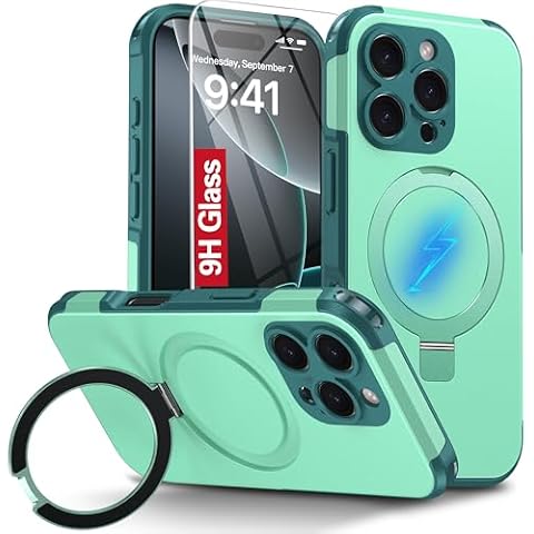 Oterkin Magnetic for iPhone 16 Pro Case Compatible with MagSafe [Foldable Invisible Stand][Tempered Glass Screen Protector & Full Camera Protection] 15FT Military Dropproof Phone Case (Green) Cover