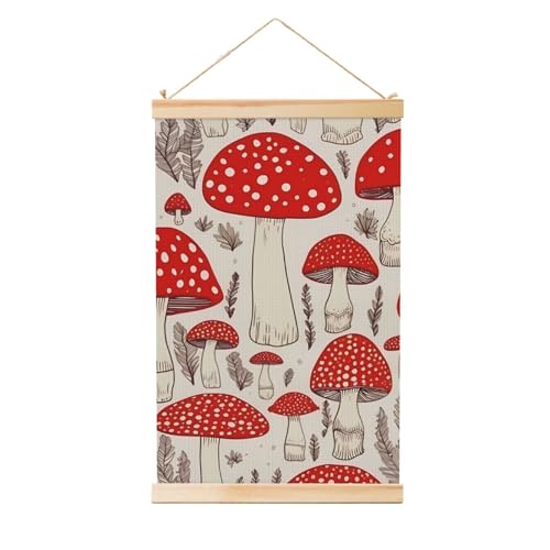 Cadre champignon rouge et blanc déco murale salon grande toile suspendue bois 91x61cm