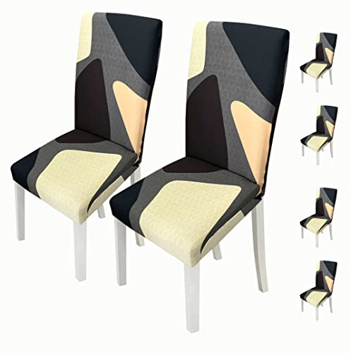 Image of House of Quirk Elastic Chair Cover Stretch Removable Washable Short Dining Chair Cover Protector Seat Slipcover (Pack of 6, Brown Cubes)