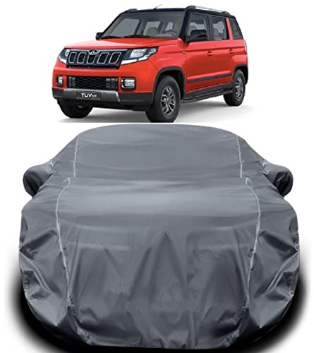 Image of Mahindra TUV 300 Car Cover Waterproof /TUV 300 Cover Waterproof /TUV 300 Car Cover /Mahindra TUV300 Body Cover with Triple Stitched Fully Elastic Ultra Surface Body Protection (Grey Look)
