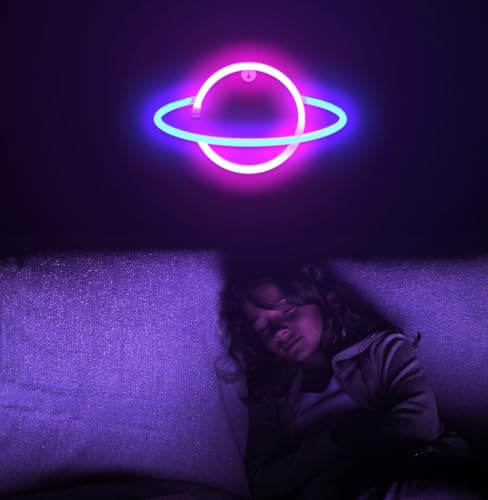 Image of Lumoonosity Planet Neon Sign - USB Powered Saturn LED Light with On /Off Switch, Planet Led Sign for Wall Decor - Aesthetic Hanging Saturn Neon Light for Bedroom, Gaming Room
