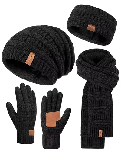 SENPUKI Winuesa Headbands Hat Scarf and Gloves Set Ladies, Slouchy Beanie Hat Women Touchscreen Gloves Women Knit Scarf Ear Warmers 4 in 1 Cold Weather Gift Set