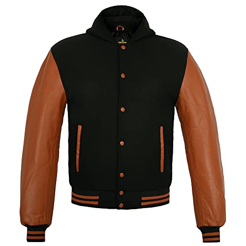 Image of Deckra Men's Varsity Jacket Genuine Leather Sleeve and Wool Blend Letterman Boys College Varsity Jackets with Hood XXS-5XL