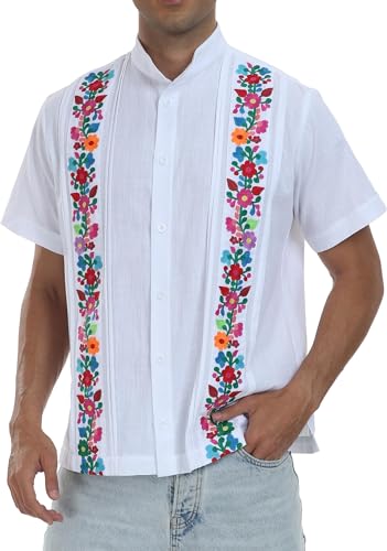 YZXDORWJ Men's Mexican Cuban Shirt Embroidered Traditional Button Down Shirt Summer Band Collar Short Sleeve Tops2