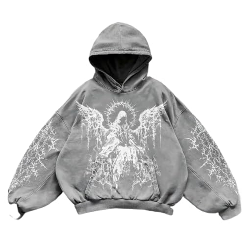 Men's Y2K retro punk angel wing print hoodie, autumn and winter Gothic street fashion loose hoodie sweater.
