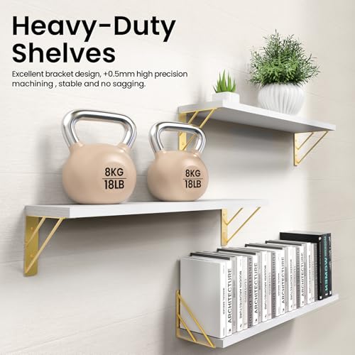 Image of BAYKA Wall Shelves for Bedroom Decor, Floating Shelves for Living Room Kitchen Storage, Wall Mounted Rustic Wood Shelves for Kids Books,Corner Shelves for Bathroom(White and Gold，23in，Set of 3)
